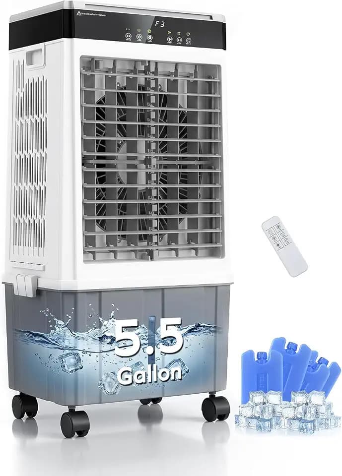 Air Choice Swamp Cooler, 3000CFM 31" Evaporative Air Cooler, 5.5Gal Removable Tank & 4 Ice Box, 120° Oscillation, 3 Speeds, Remote, 12H Timer, 3-in-1 Air Cooling Fan for Outdoor, Office, Bedroom, Grey