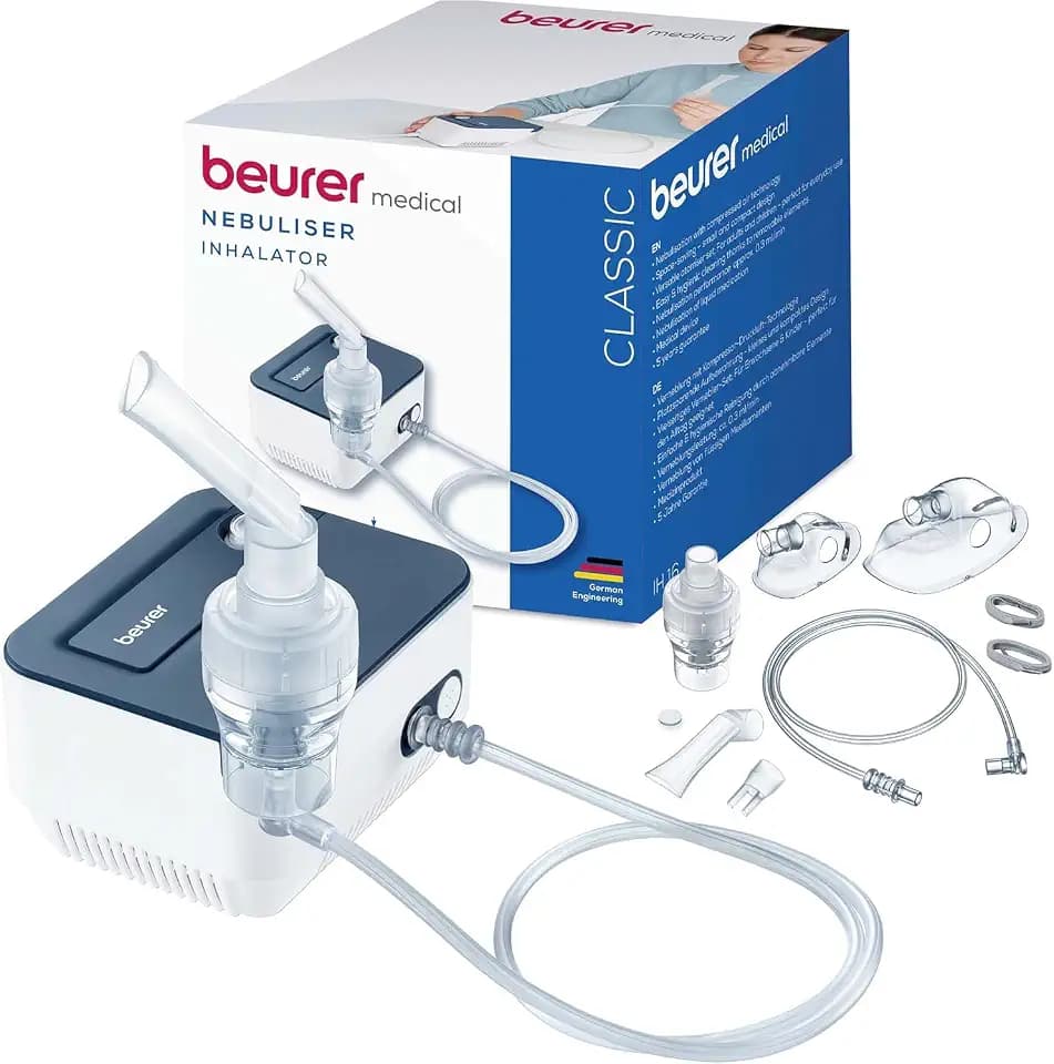 Beurer IH 16 Inhalator, Inhalationsgerät für Kinder und Erwachsene, bei Erkältungen und Atemwegserkrankungen der oberen und unteren Atemwege, einfache Reinigung, kompaktes Design, blau/weiß