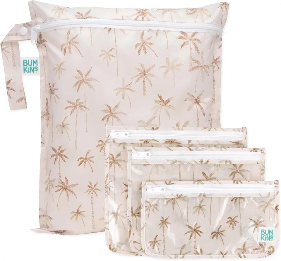 Bumkins - Waterproof Wet Bag & Clear Travel Bags - For Beach, Baby, Travel, Swim Suit, Cloth Diapers, Pump Parts, Pool, Gym, Toiletries - Reusable & Easy to Clean - Palm Trees - 4 Pack
