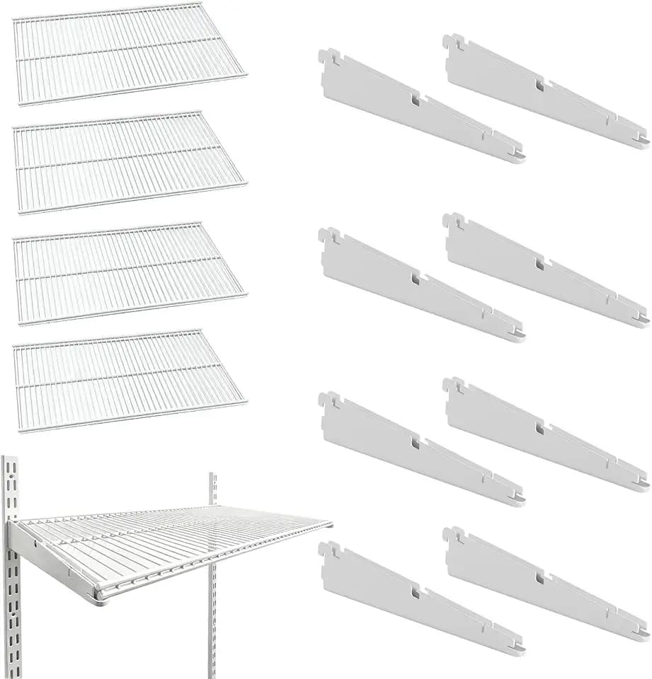 13-Inch Double-Track Shelf Brackets Kit, 12 Pack – 8 Brackets + 4 Wire Shelves (23.6 x 11.8 in), Metal Shelving Set for Twin-Track Wall Systems, White