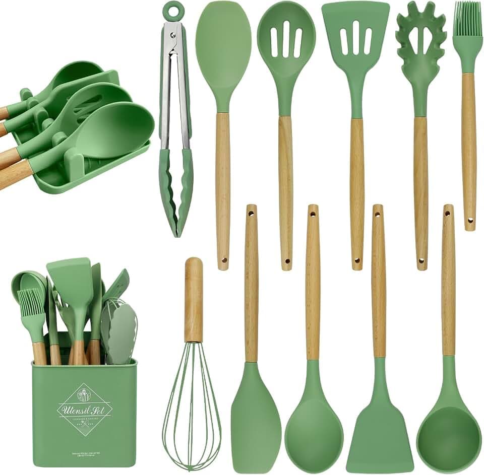 MYKUJA Silicone Cooking Utensils Set, Heat Resistant Kitchen Utensils Set, Spatula,Turner Tongs,Spoon,Brush,Whisk, Cooking Kitchen Utensils Spatula Set, Nonstick Cookware(sage green)
