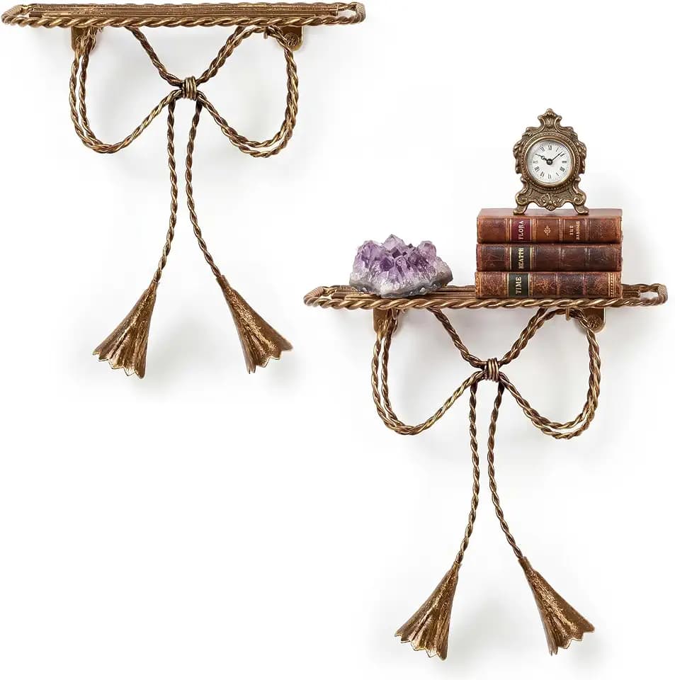 Yinkin 2 Pcs Bow Floating Shelf Vintage Floating Shelves Metal Wall Mounted Vintage Gold Mounted Rack for Home Bedroom Office Living Room Farmhouse Rustic Decor