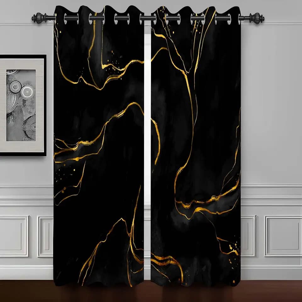 Black Texture Marble Window Curtains for Bedroom and Living Room - Art Fluid Black Golden Design - Luxury Modern Fashion Blackout Drapes 2 Panels 42Wx96H Inches