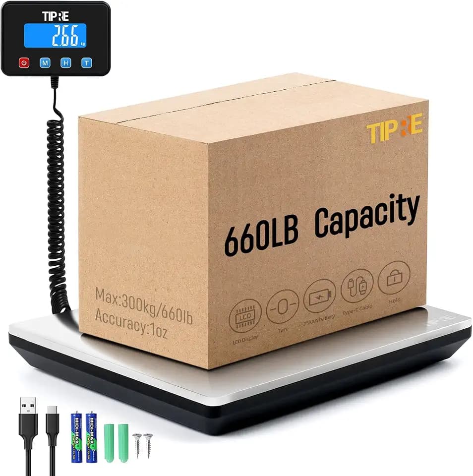 TIPRE Shipping Scale 660lbs for Packages,Heavy Duty Digital Postal Express Scale,1 oz High Accuracy with Charging Cable & Batteries,Extra Large Stainless Steel for Small Business,Warehouse,Home