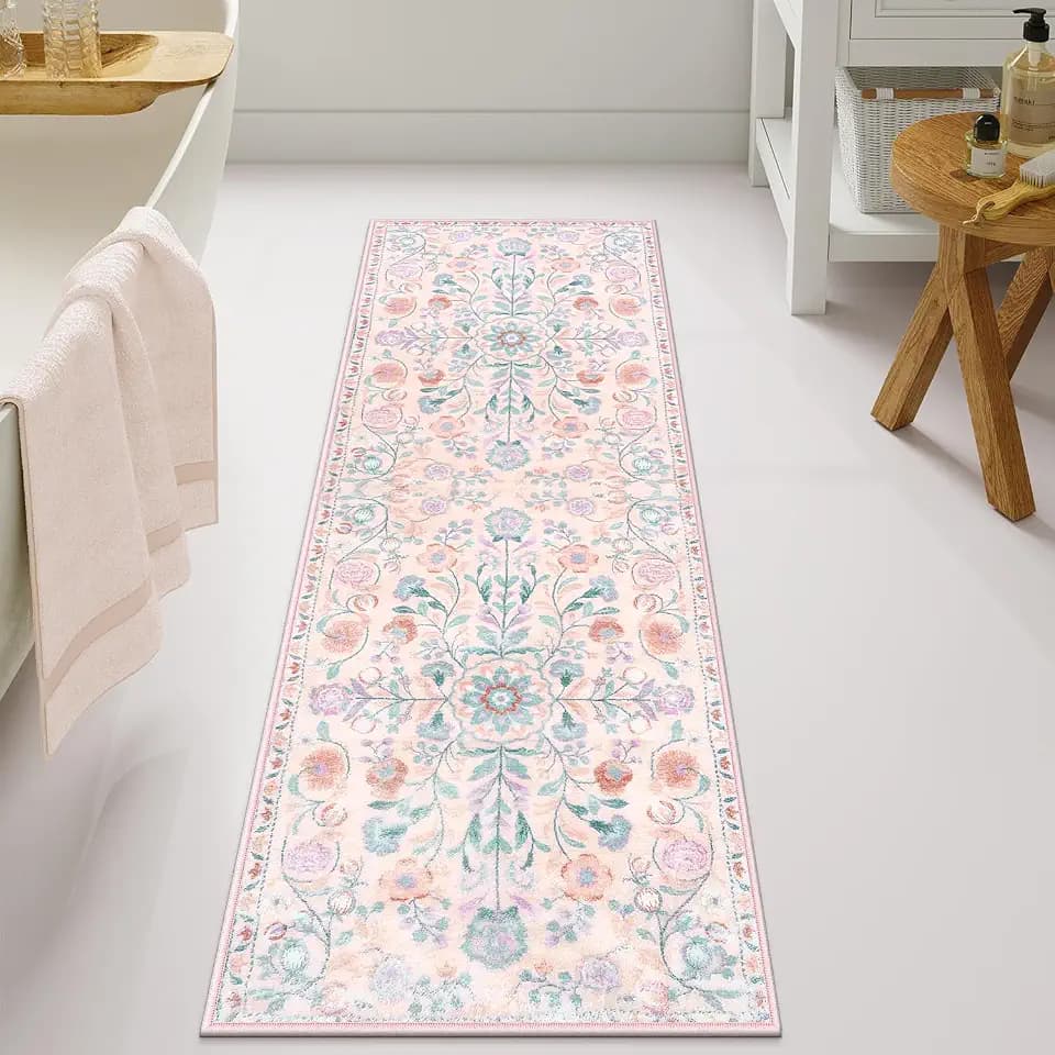 Uphome Long Bathroom Rug Pink Boho Bathroom Rugs Vintage Soft Luxury Non Slip Bath Mat Machine Washable Cute Floral Bath Runner Rug for Floor Entryway Bedroom, 20x60 inch