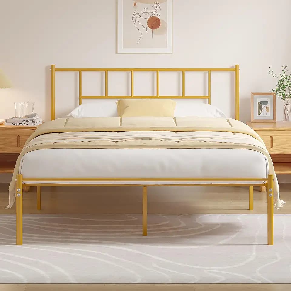 VECELO Queen Metal Platform Bed Frame with Headboard, Heavy Duty Steel Slat Support, Under Bed Storage,No Box Spring Needed, Easy Assembly