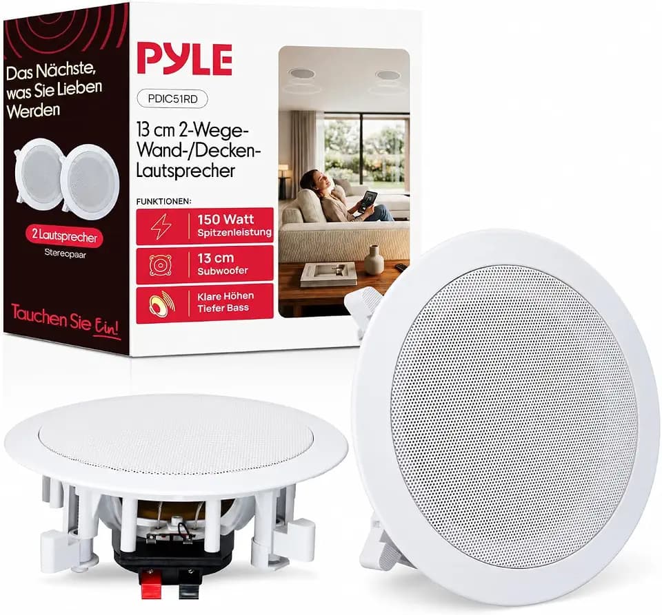 Pyle Deckenlautsprecher, 13cm- 2-Wege Einbaulautsprecher, 150W, Rund, Weiß- Für Decke & Wandmontage, 80 Hz–20 kHz, Flach & Leicht zu Installieren, Ideal für Heimkino & Multiroom