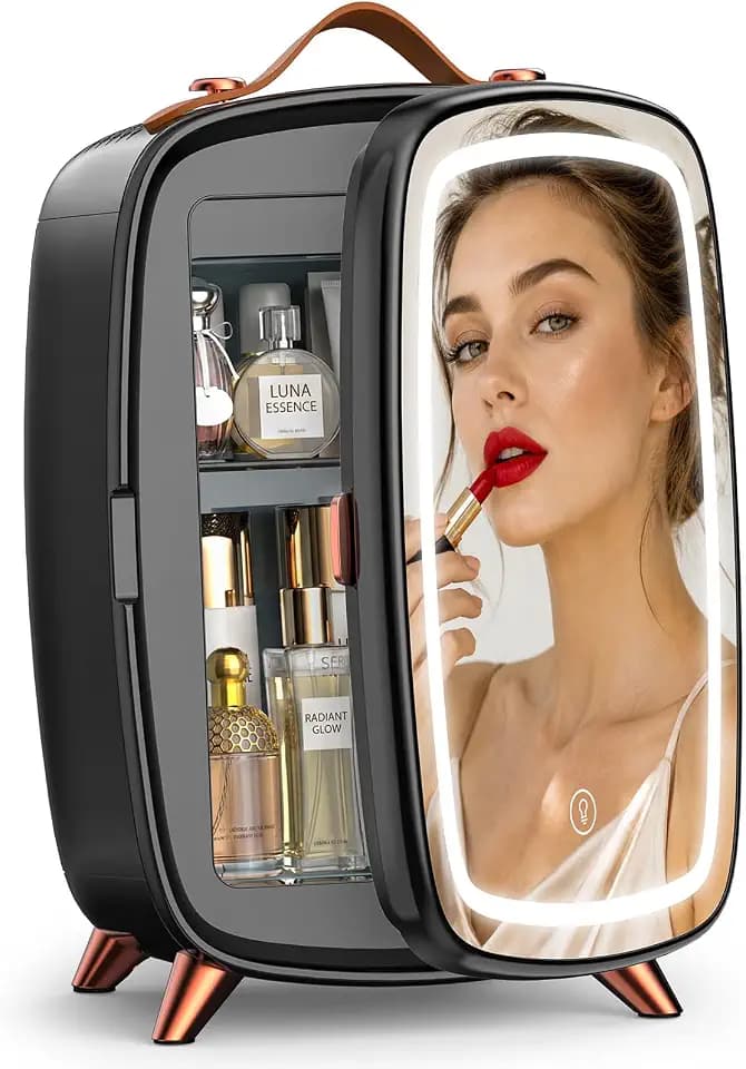 COWSAR 6L Mini Skincare Fridge with Dimmable LED Light Mirror, 8 Can Makeup Fridge with Top Leather Handle, Portable Small Refrigerator for Cosmetic, Beverage and Food, Dorm, Office