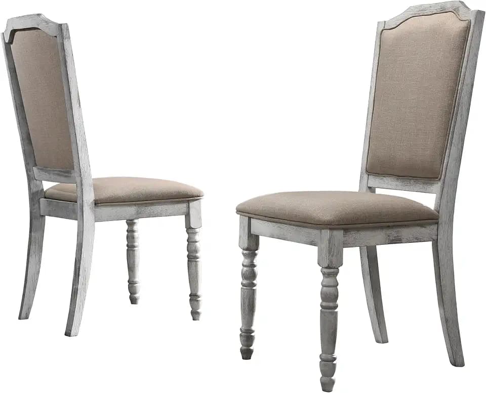 Roundhill Furniture Iris Turned Leg Wood Dining Chair, Set of 2, Weathered White