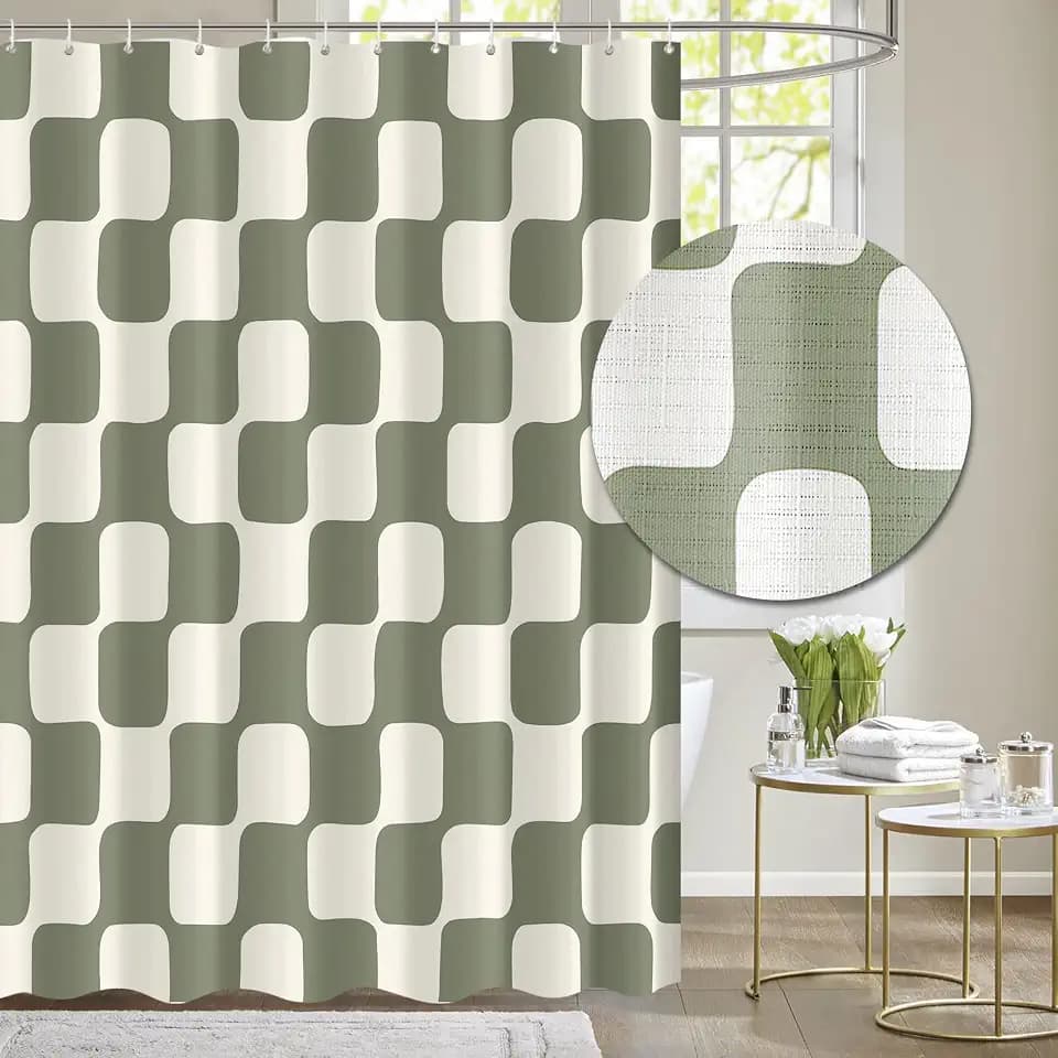 Tititex Retro Checkerboard Grid Pattern 140gsm Faux Linen Fabric Shower Curtain, Beige Sage Green Classical Groovy Wavy Checkered Shower Curtain Sets Decoration 72x72 Inch with Hooks