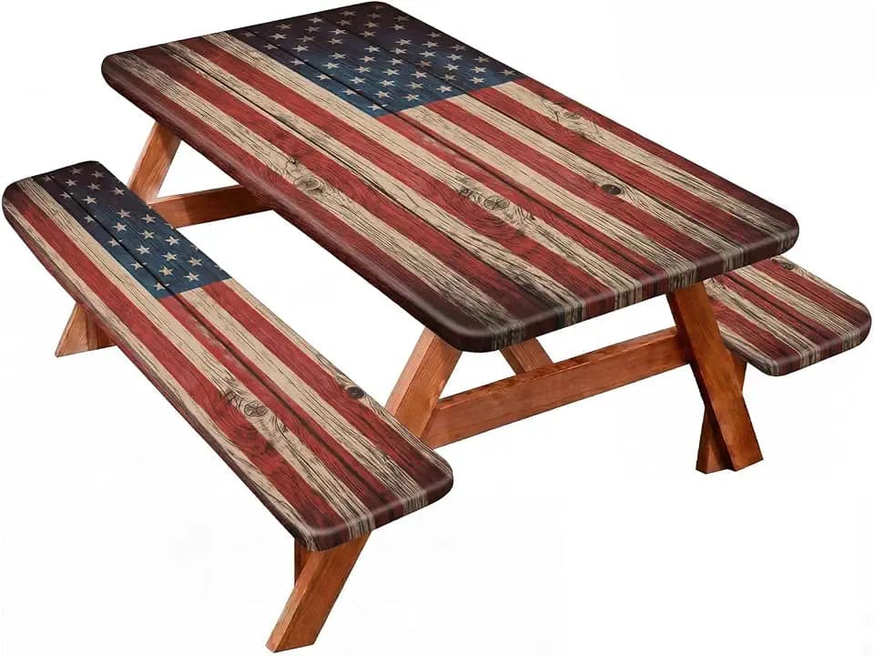 Chumia 3 Pcs American Flag Theme Picnic Table Cover with Bench Covers 250th Anniversary 30 x 72 Inch Patriotic Waterproof Windproof Elastic Picnic Tablecloth with Bench Covers
