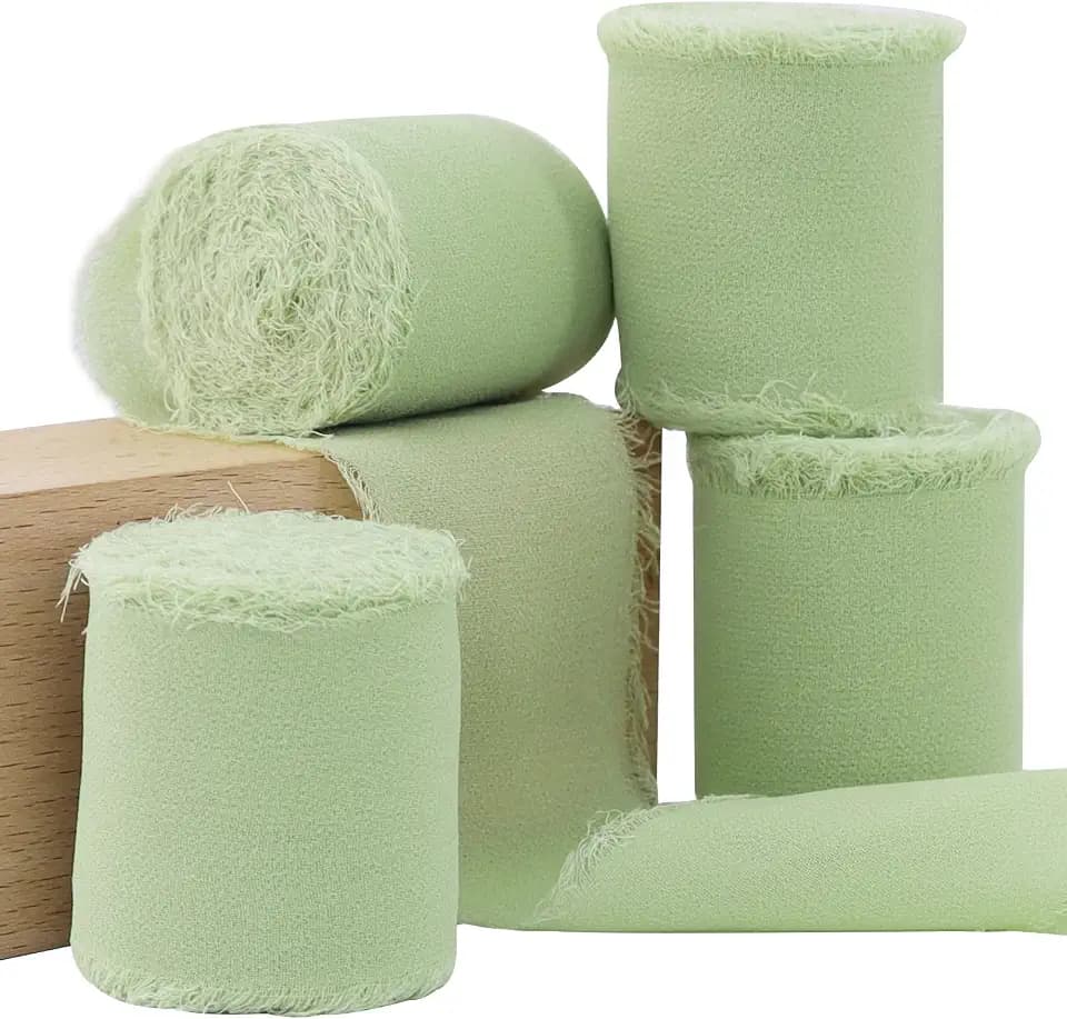 TONIFUL 4 Rolls 1-1/2 Inch Sage Green Lime Green Chiffon Silk Ribbon 22yds Handmade Fringe Chiffon Ribbons Set for Wedding Invitations, Bridal Bouquets, Gifts Wrapping, Christmas (sage, 22yds, 1.5")