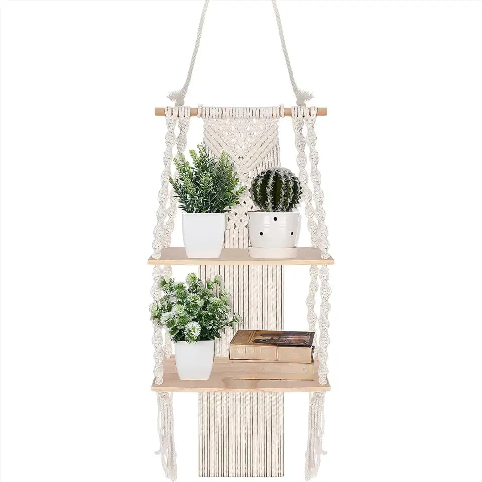 Barydat 1 Pack Macrame Wall Hanging Shelf 2 Tier Handmade Boho Hanging Wall Shelf Floating Woven Rope Decorative Storage Racks Holder Organizer for Home Bedroom Bathroom Plants, Beige (Classic)