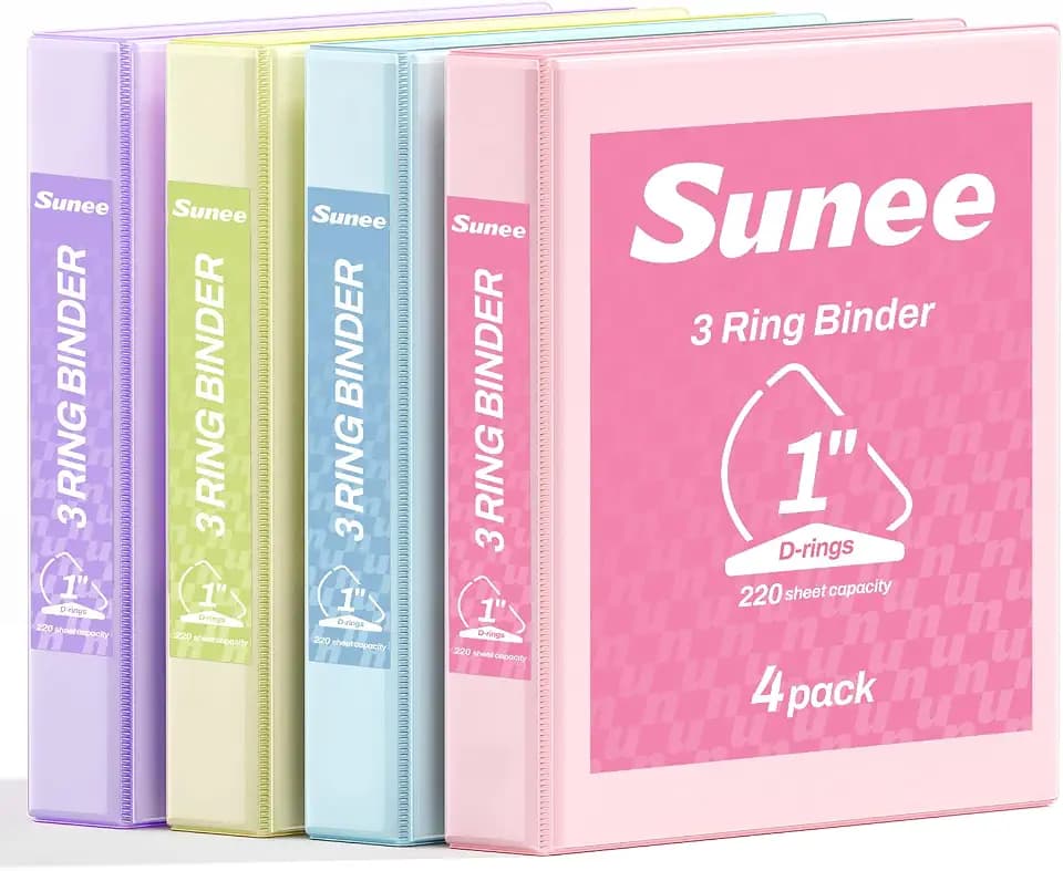 SUNEE 3 Ring Binder 1 Inch D Ring, Clear View Binder Three Ring PVC-Free (Fit 8.5x11 Inches) for School or Office Supplies, Assorted Pastel, 4 Pack