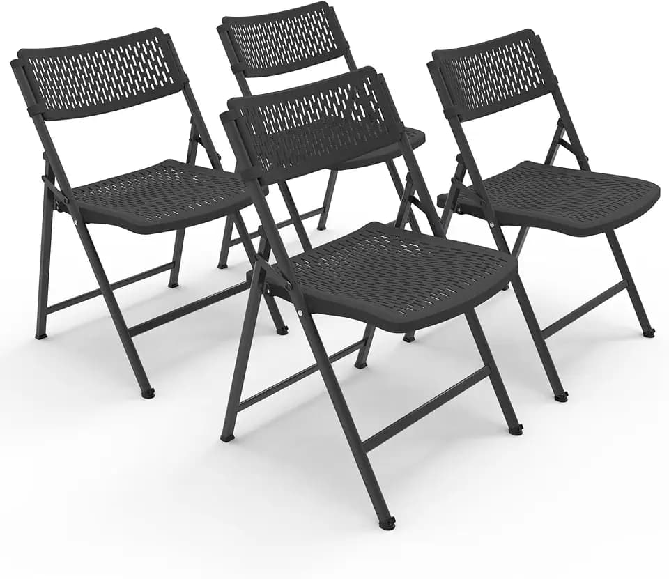 Folding Chairs 4 Pack with Breathable Molded Plastic Mesh Seat & Sturdy Metal Frame, Foldable Dining Chairs,Office Chair for Card Chairs Set for 4, Indoor Outdoor Chairs for Parties, Black