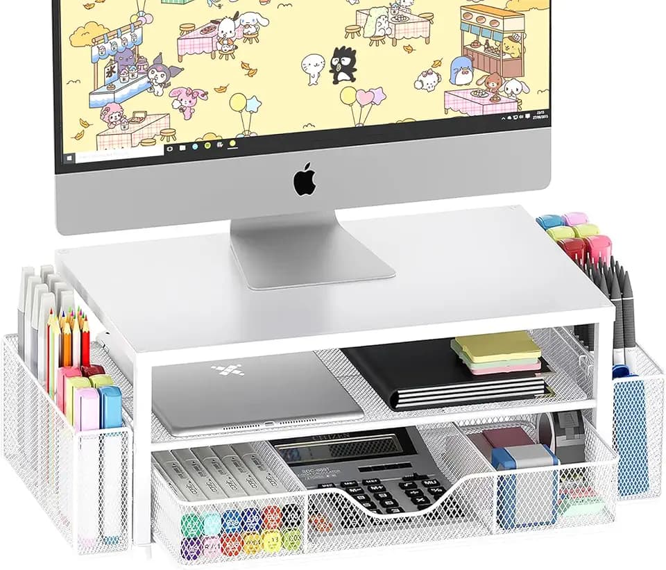 OPNICE Desk Organizer and Accessories, 2-Tier Computer Monitor Stand Riser with Drawer and 2 Pen Holders, Laptop Stand, Office Desk Accessories for Office Supplies, White