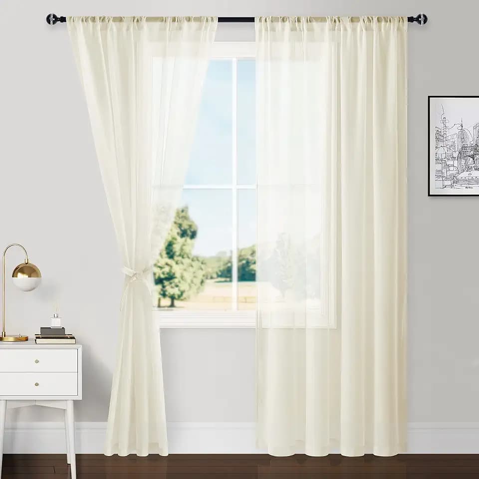 Hiasan Sheer Curtains for Bedroom with Tiebacks Ivory, W52 x L84, 2 Panels