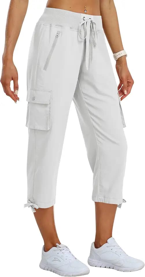 MoFiz Outdoorhosen Damen Sommer Cargohose 3/4 Lange Capri Wanderhose Atmungsaktiv Freizeithose mit Reißverschlusstasche
