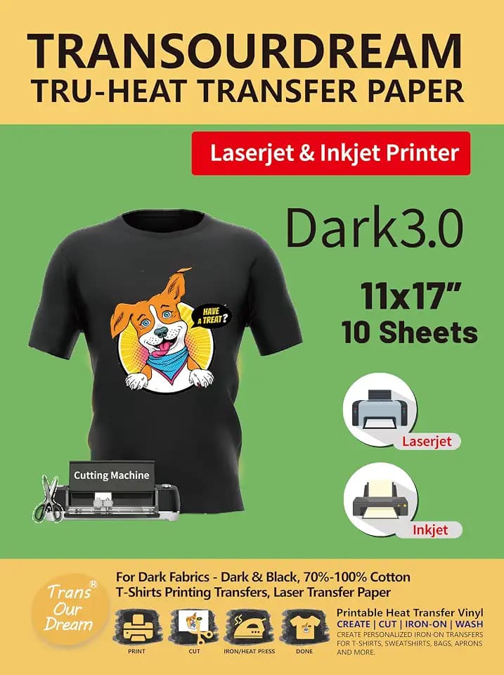 TransOurDream Iron on Heat Transfer Paper for Dark T Shirts (10 Sheets, 11x17", Dark 3.0) Printable HTV Heat Transfer Vinyl for LaserJet & Inkjet Printers