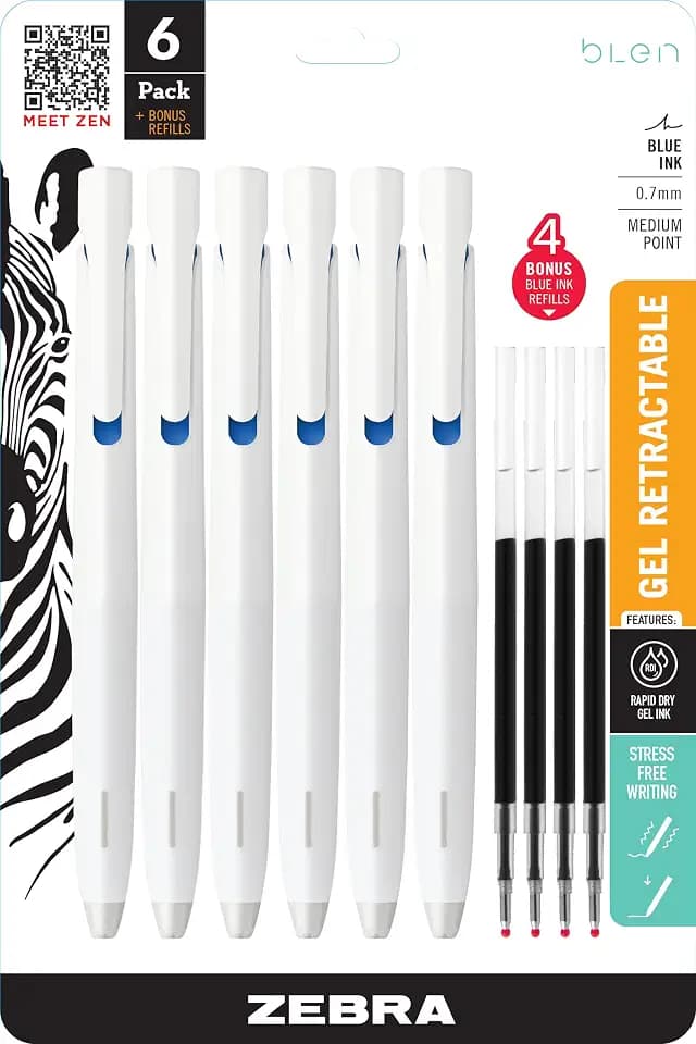 Zebra Pen bLen White Retractable Gel Pen, Blue Ink, 0.7mm, 6-Pack