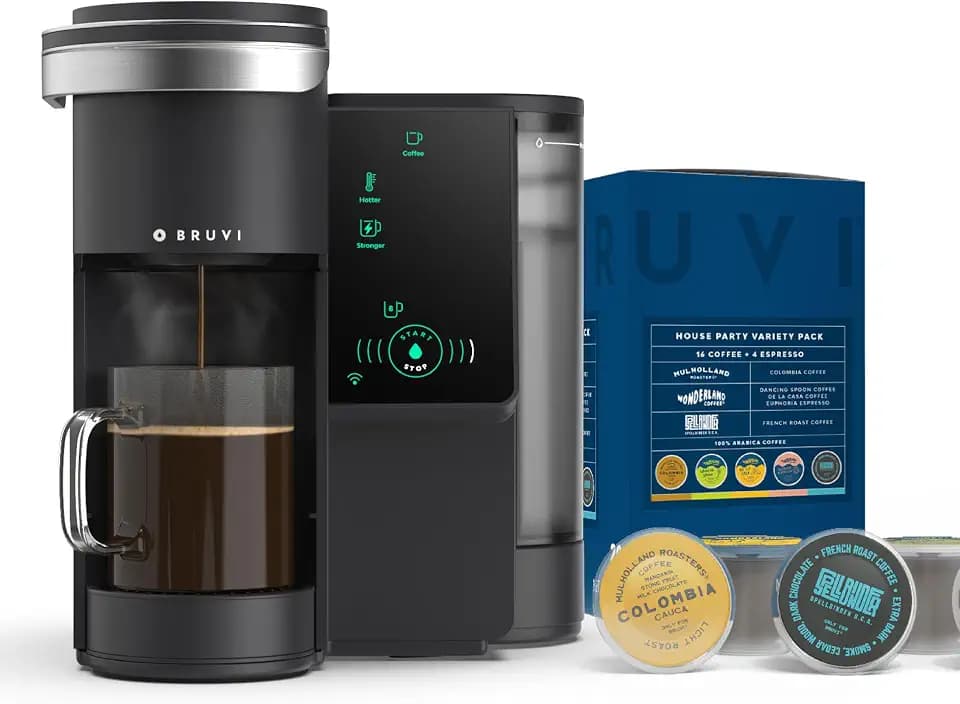 BRUVI Single-Serve Coffee Maker Bundle | Brews Coffee, Espresso, Cold Brew, Matcha Green Tea & More | Includes Brewer + 20 Variety Pods | Touchscreen, WiFi, 70 oz Tank | Black