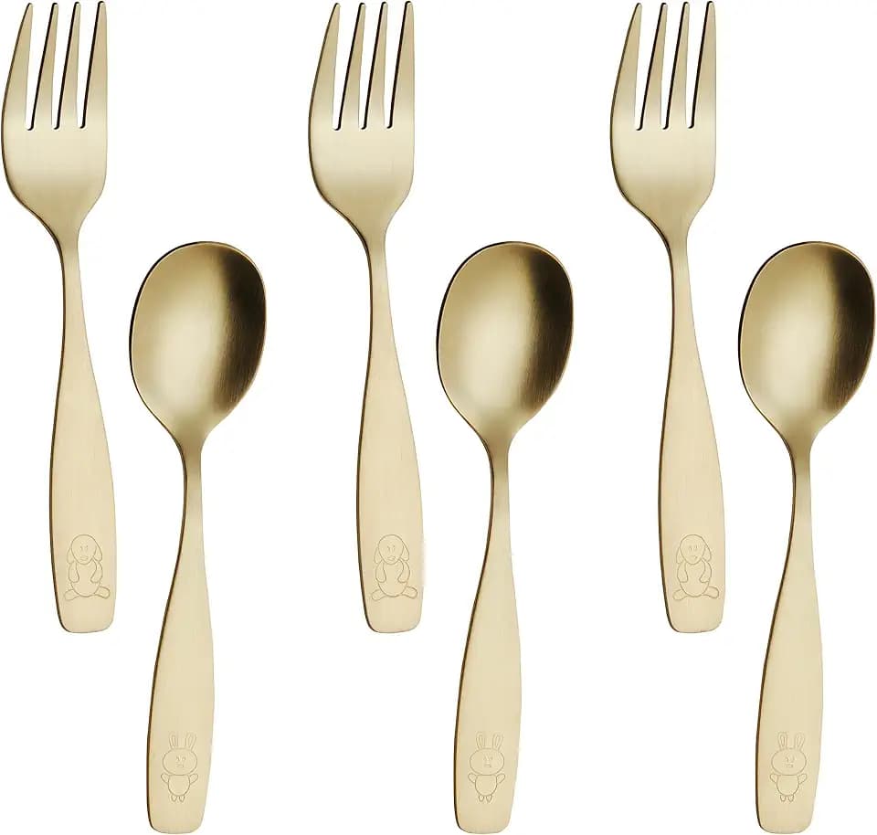 ANNOVA Kids Silverware Children's Safe Flatware Set Stainless Steel - Children Forks, Children Tablespoons, Toddler Utensils, Metal Cutlery Set for LunchBox (Gold, 6)