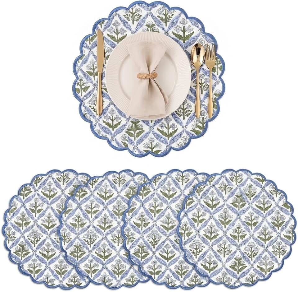 Ridhi Floral Block Print Round Placemats 15" in, Set of 4, Light Steel Blue