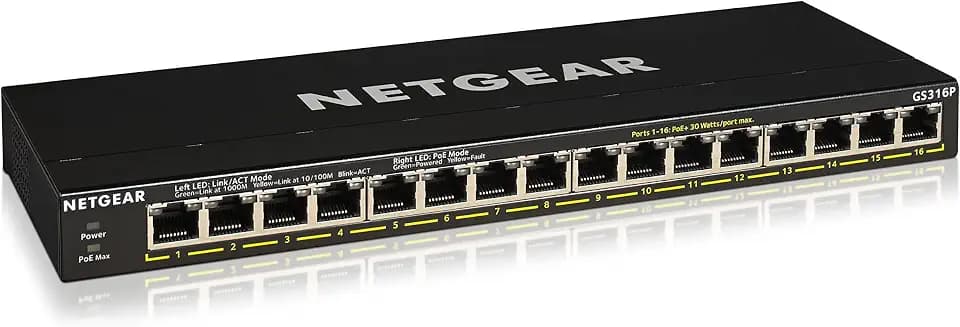 NETGEAR 16-Port Gigabit Ethernet Unmanaged Essentials PoE+ Switch (GS316P): Mit 16 x PoE+ bei 115 W, Desktop- oder Wandbefestigung
