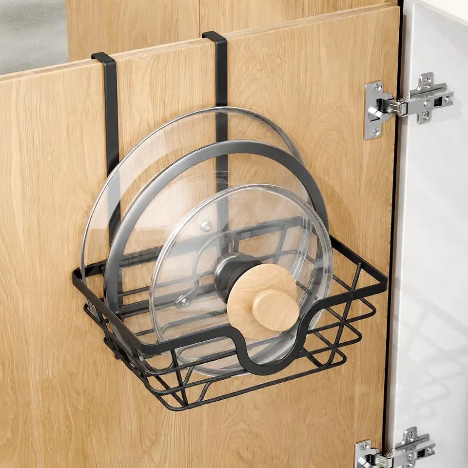 TIDIIABODE Pot Lid Organizer, Adjustable Kitchen Pot Lid Holder Inside Cabinet, Kitchen Cabinet Organizer Hanging for Food Storage Container, Pot, Pan Lid & Bakeware, Black, Small