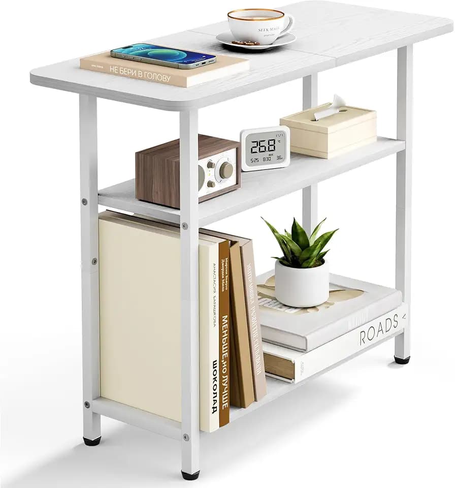 SLEEPING LAMB Side Table for Living Room, 3-Tier End Table for Small Space with Wide Storage Tabletop, Elegant White Narrow Nightstand for Bedroom, Sofa Couch