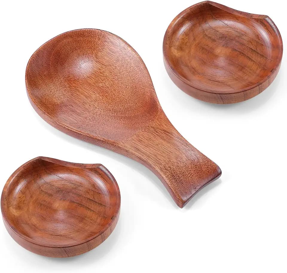 Patelai 3 Pcs Brown Wood Spoon Rest for Kitchen Counter Stove Top