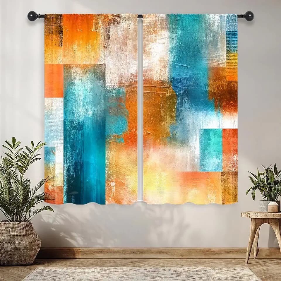 Burnt Orange Teal Abstract Modern Cool Living Room Bedroom Window Curtains