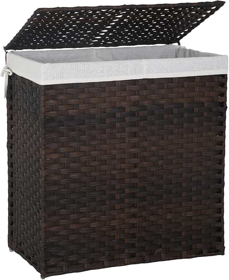 FDW Handwoven Laundry Hamper with Lid, 110L Foldable Rattan Clothes Basket with 2 Removable Liners & 6 Mesh Laundry Bags for Bathroom Bedroom, Brown