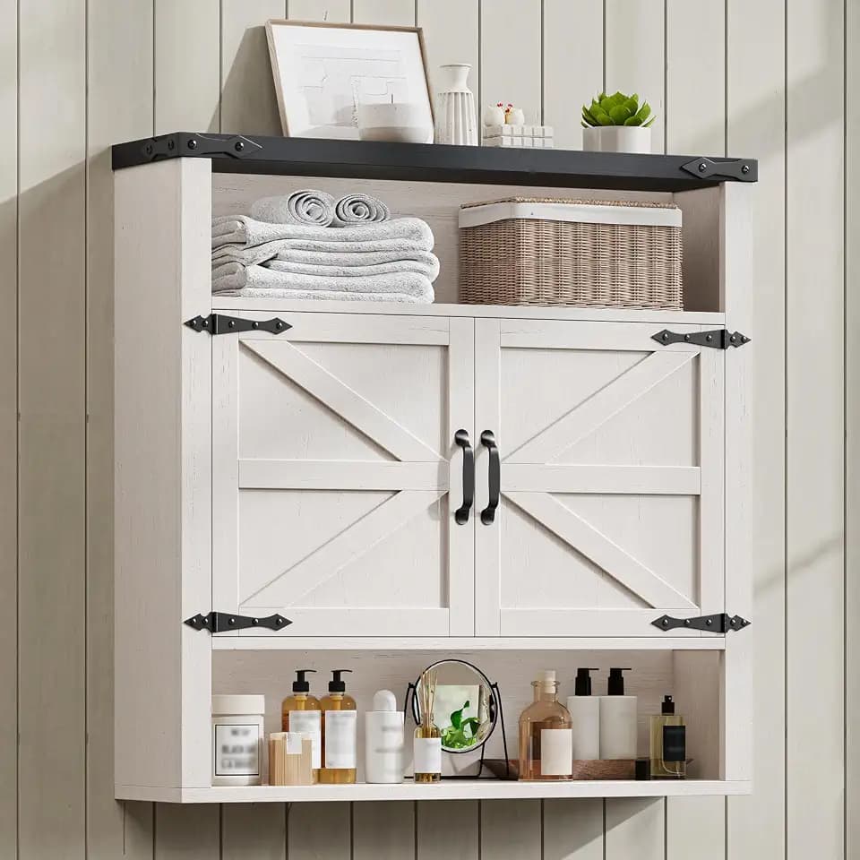 Bathroom Wall Cabinet, Farmhouse Medicine Cabinet with Adjustable Shelves and 2 Barn Doors, Wall Mounted Over the Toilet Storage Cabinet for Bathroom, Laundry Room, Kitchen, Rustic White and Black