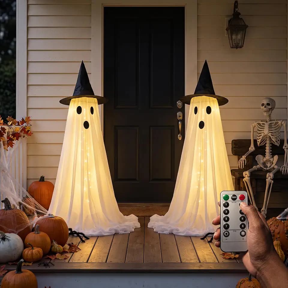 2Pc Battery Operated Standing Ghost Light Halloween Decor Remote Timer 5 Ft