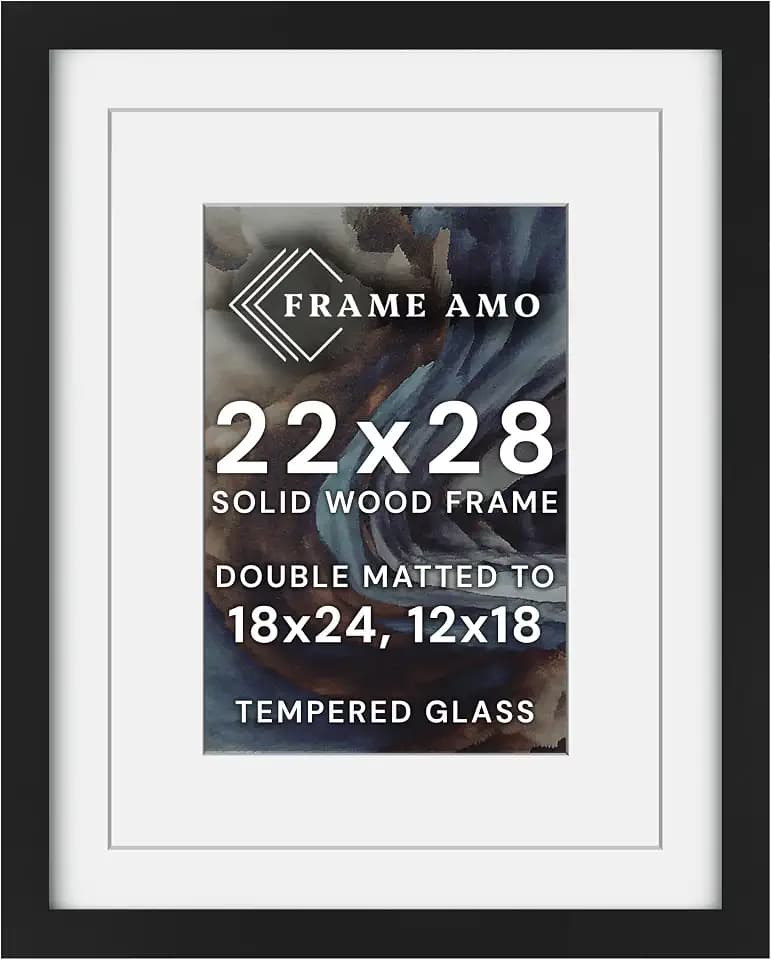Frame Amo 22x28 Black Poster Frame, 18x24 and 12x18 Mats, Glass, Solid Wood