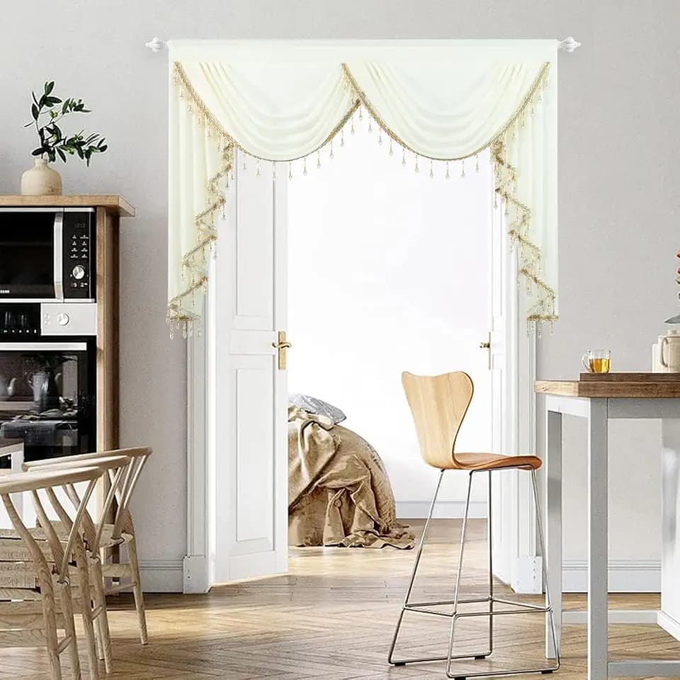 VOGOL Retro Voile Waterfall Valance, Rod Pocket Top, 59 x 43, 1 Panel, Beige