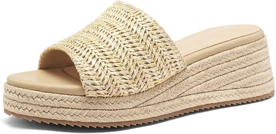 Raffia Platform Sandals for Women Slip on Wedge Sandals,Comfortable Summer Wicker Espadrilles,Straw Beach Vacation Slides Shoes