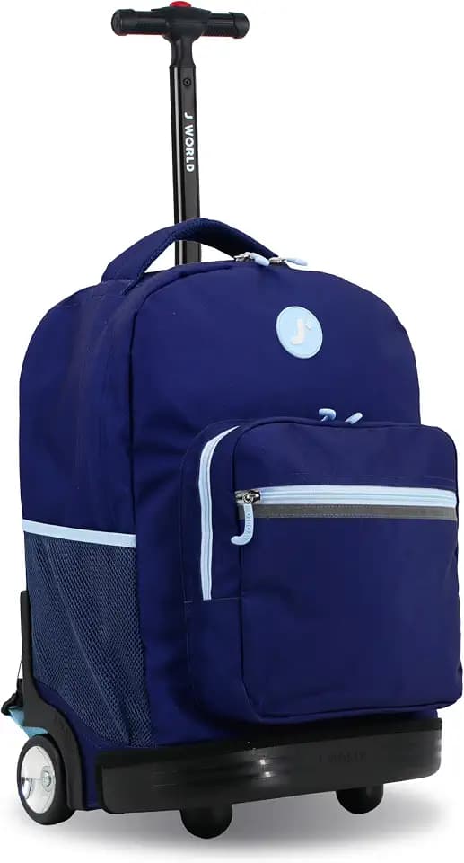 J World Sunrise Kids Rolling Backpack with Wheels for Girls Boys, Roller Bookbag for School, 18 x 13 x 9 Inches, Navy