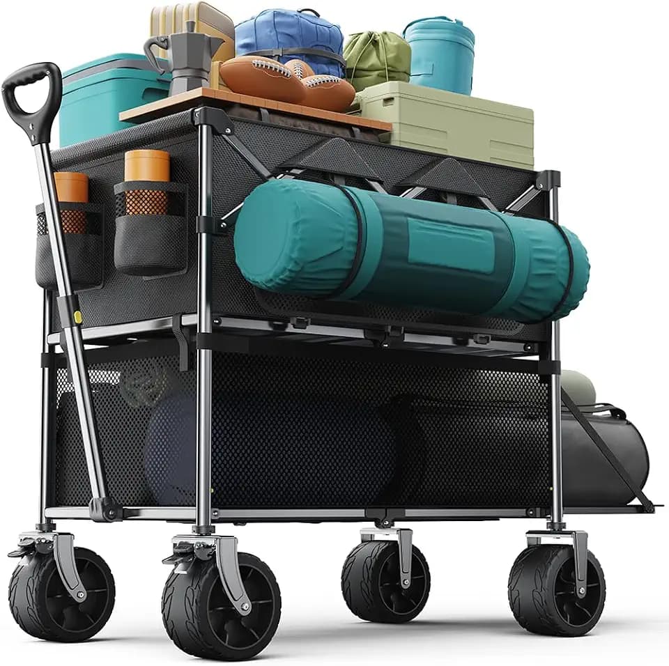 Collapsible Wagon Double Decker,Wagons Carts Foldable,Heavy Duty Wagon Camping Sports Garden Grocery,Utility Wagon for All Terrain Black