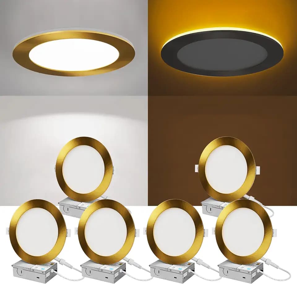 ZYC Recessed Lighting 6 Inch - 12W 1100LM LED Recessed Ceiling Light with Night Light,2700K/3000K/4000K/5000K/6000K Selectable Ultra-Thin Lighting,Dimmable Canless Wafer Downlight,Pack of 6(Gold).