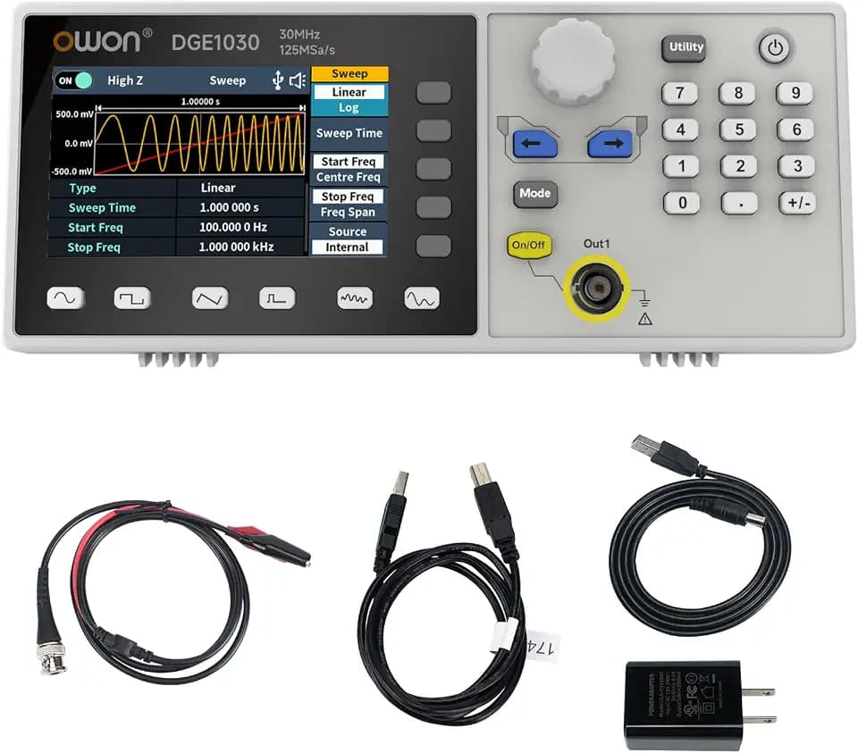 OWON Waveform Generator,30MHz Bandwidth, 125MSa/s Sampling Rate, 14 bits Vertical Resolution, 8K Waveform Length,5 Basic Waveforms, and 160 built-in Arbitrary Waveforms, with 3.6IN LCD Display DGE1030