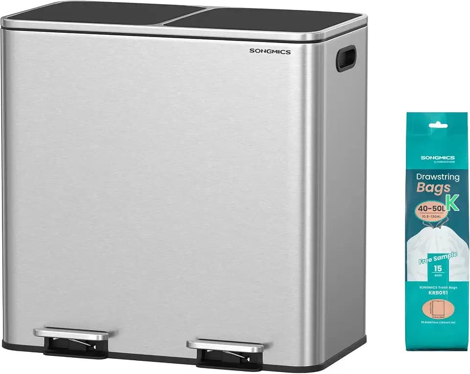SONGMICS Trash Can, 2 x 10.6 Gallon (2 x 40 L), Silver and Black