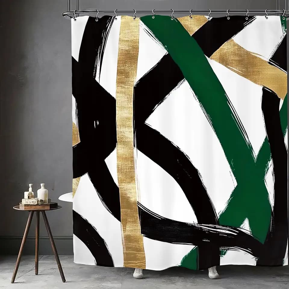 Abstract Emerald Green Black Gold Modern Minimalist Line Shower Curtain