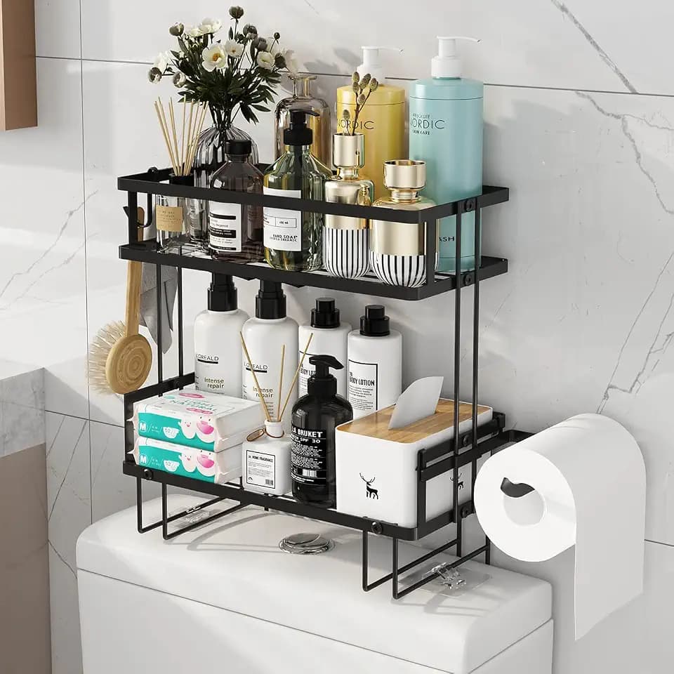 Godboat 2-Tier Over Toilet Storage Shelf, Wall-Mount with 2 Hook/Paper Rack