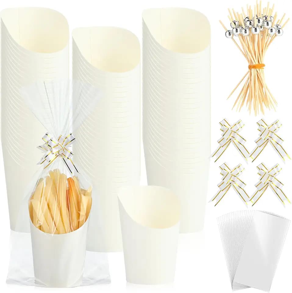 Bokon 100 Set 14 oz Charcuterie Cup with Stick and Bag,White,Classic