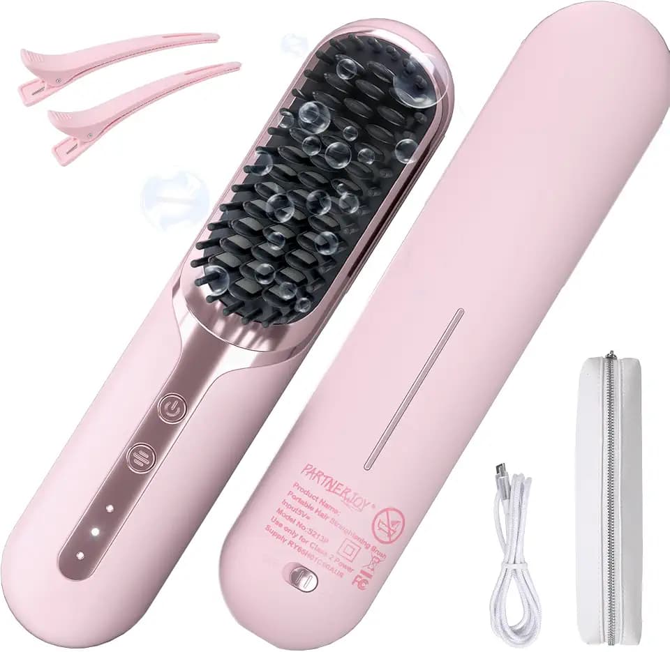 Cordless Hair Straightener Brush, Portable Hair Straightener with Ionic Technology, Dual-Mode Corded & Cordless Travel Straightening Comb, Fast Heating Hot Brush for Women - Pink