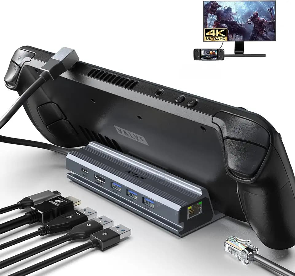Steam Deck Dock, 6 in 1 Steam Deck Docking Station mit HDMI 4K@60Hz, 3*USB 3.0, 100W PD -Ladung, 1Gbps Ethernet, Valve Steam Deck Stand und Zubehör für Telefon, Tablet, Laptop