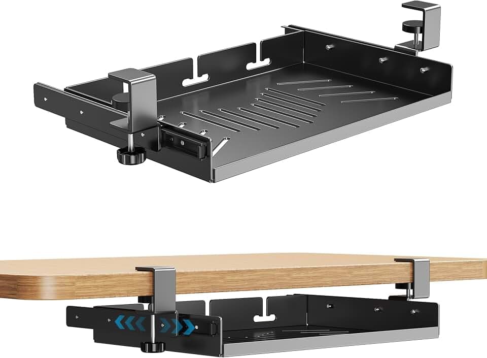 BYMECOST Sliding No Drill Under Desk Laptop Mount, Metal Storage Shelf