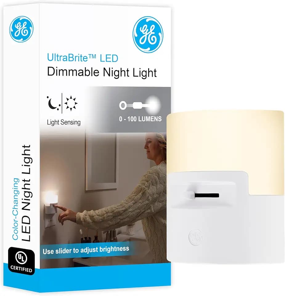GE Ultrabrite LED Night Light, Dimmable, 100 Lumens, Plug-in, Dusk to Dawn Sensor, UL-Listed, Ideal for Bedroom, Bathroom, Nursery, Kitchen, Hallway, 45125, 1 Pack, White